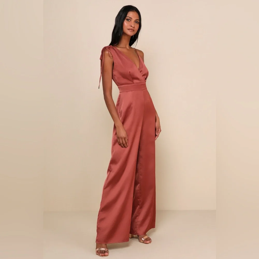 Lulu’s Look of Luxe Rusty Rose Satin Asymmetrical Wide-Leg Jumpsuit - Si… - Picture 3 of 10